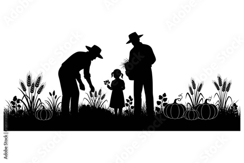 Silhouette of a family harvesting pumpkins and crops on a farm, symbolizing autumn abundance and rural life during the fall season