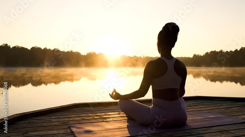 Silhouette of a woman sitting in lotus position on a dock at sunset over a serene lake with warm golden light.