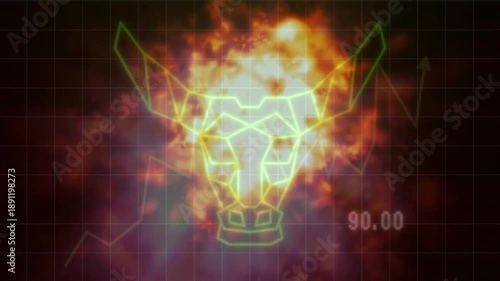 Displaying neon green 3D-rendered bull head wireframe over grid showing downtrend and upward arrow