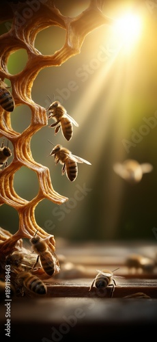 Busy bees working on honeycomb bathed in golden sunlight. Honeybees flying around hexagon honeycomb cells, producing honey with golden light © Aquir