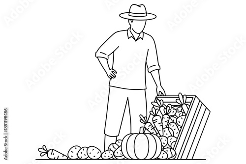 Line art drawing of a farmer harvesting a bounty of fresh organic vegetables carrots, potatoes, and a pumpkin, symbolizing healthy food and sustainable farming