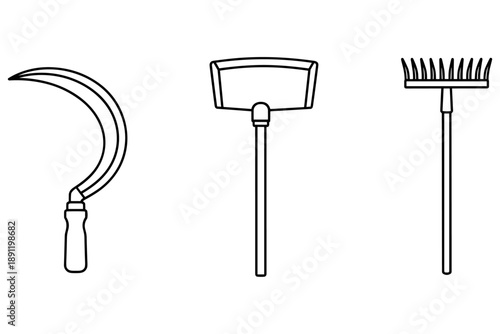 Vector set of farm and garden tools including a sickle, a broom, and a rake, representing agricultural and outdoor maintenance equipment for various tasks
