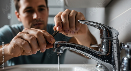 Man fixing a dripping faucet in a bathroom sink, plumbing repair
