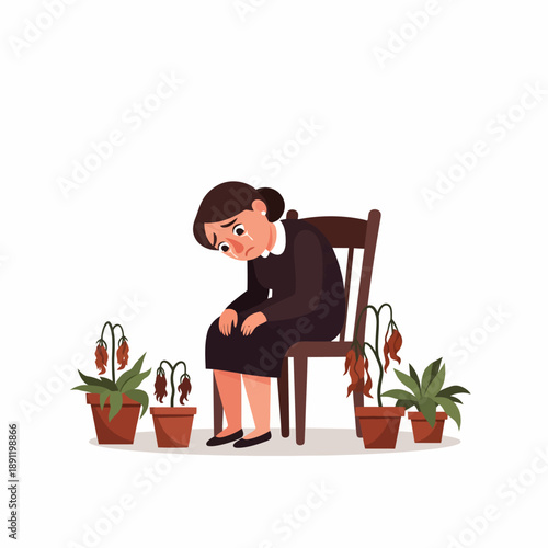 Woman Sitting on Chair with Dead Potted Plants