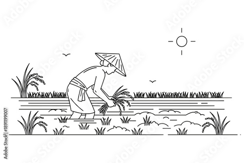 Asian farmer in traditional conical hat planting rice seedlings in a flooded paddy field under a bright sun in a minimalist line art style