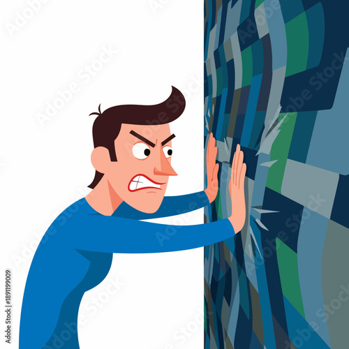 Man pushing against a cracked wall with a determined expression