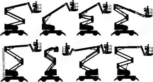 Aerial work platform lift silhouettes set featuring boom lifts and cherry pickers with workers for construction maintenance industry safety and industrial stock illustration use