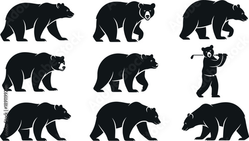 Bear silhouette collection featuring walking, standing, roaring poses and playful character illustration, wildlife animal behavior study, forest mammal shapes, and nature themed design