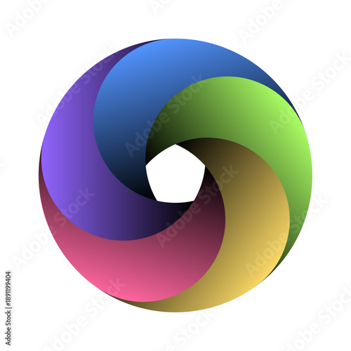 カラフルな5分割のスパイラル円形チャート循環サークル図の画像　立体的なグラデーションカラーの渦巻き状サイクル循環図インフォグラフィックのベクターイラスト素材