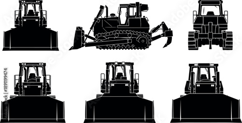 Bulldozer heavy machinery silhouette set featuring front, side and rear views of crawler tractor isolated on white background for construction and engineering design