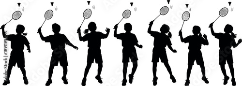 Children badminton silhouettes set showing kids playing shuttlecock game with rackets, jumping actions isolated on white background illustration, outdoor sport activity collection