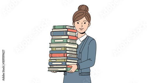 Woman holding a large stack of books