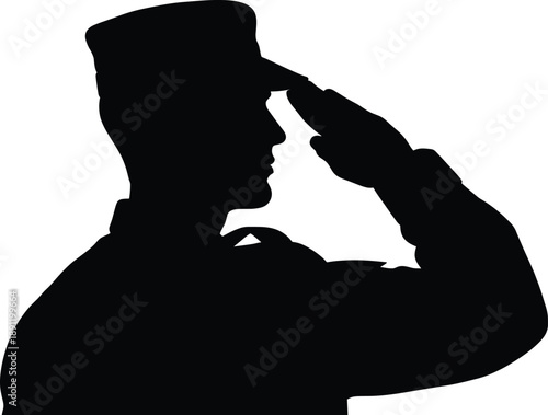 Black silhouette of a soldier saluting white background soldier, silhouette, black, white background, saluting, military, uniform, hat, hand, salute, profile, side view, monochrome, white, background,