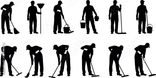 Cleaning worker silhouette collection featuring janitors sweeping, s, carrying buckets, professional housekeeping tasks, maintenance services, sanitation labor, and workplace cleaning illustration