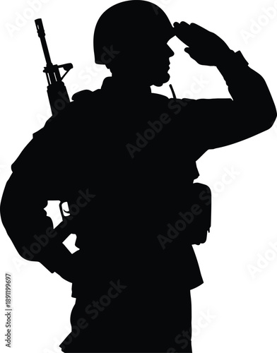 Black silhouette of a soldier saluting with a rifle soldier, silhouette, black, white background, saluting, rifle, military, army, uniform, helmet, hand salute, monochrome, military personnel, salute,