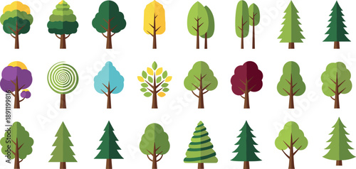 Colorful flat tree illustration set featuring deciduous and conifer trees in different shapes and seasons isolated on white background for nature design and stock illustration use