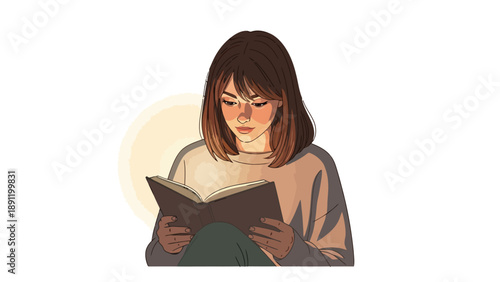Woman reading a book in warm lighting