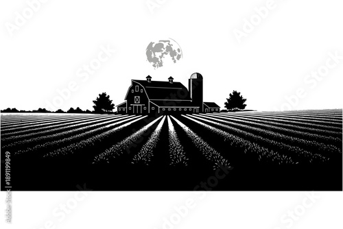 A serene, moonlit farm scene with a barn and silo overlooking cultivated fields, evoking a sense of rural tranquility and agricultural bounty
