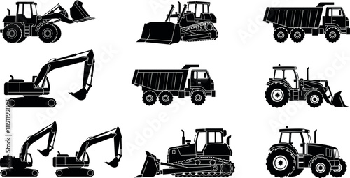 Construction and agricultural machinery silhouettes collection featuring excavators, bulldozers, wheel loaders, dump trucks and tractors isolated on white background for industrial engineering design
