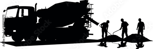 Concrete mixer truck and construction worker silhouettes showing road paving and cement pouring process in black flat style isolated on white background for industrial and stock illustration use