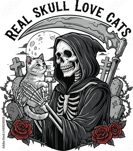 Dark Fantasy Skeleton Reaper Showing Affection to a Cute Cat Illustration