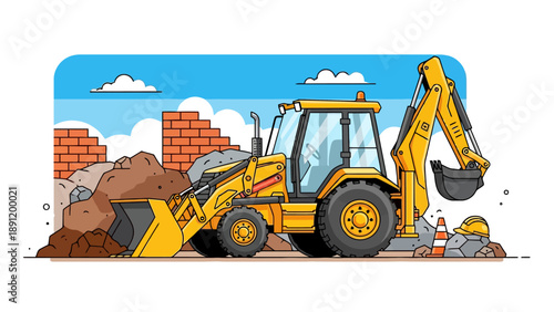Yellow backhoe loader at a construction site with brick walls and dirt piles