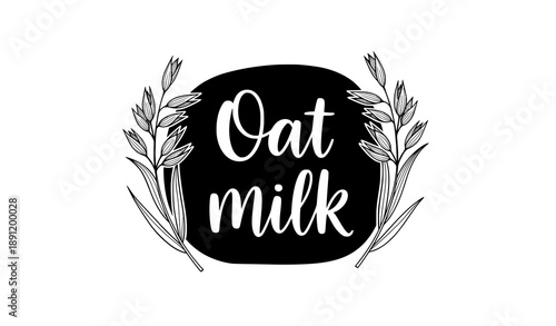 Hand drawn oat milk logo black and white vector illustration with cartoon oats