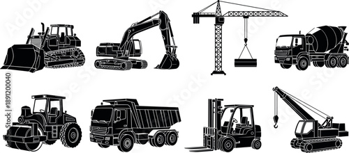 Construction heavy machinery silhouettes set featuring excavator, bulldozer, crane, dump truck, concrete mixer and forklift isolated on white background for industrial engineering design