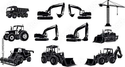 Construction equipment silhouette set featuring excavators, dump truck, tractor loader, agricultural and industrial machinery for building, mining, farming, and infrastructure projects