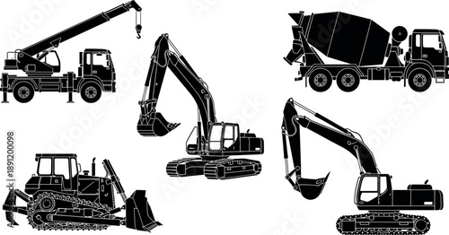 Construction heavy machinery silhouettes set featuring excavator, crane truck, concrete mixer and bulldozer isolated on white background for industrial engineering design
