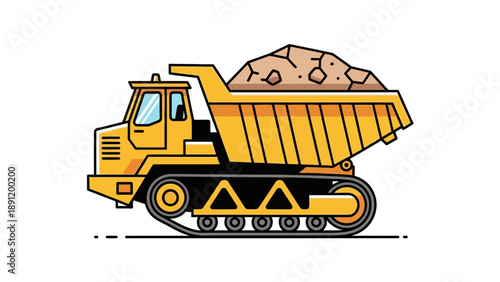 Yellow dump truck with a load of dirt on a white background