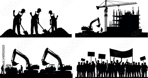 Construction industry silhouettes showing workers, heavy machinery, cranes, building sites and protest crowd scenes, black industrial labor figures isolated on white background