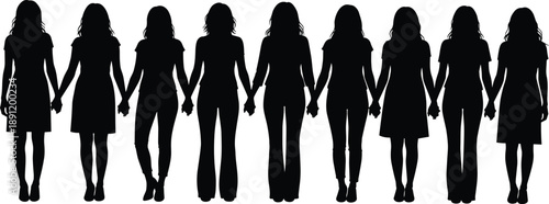 Silhouette group of young women holding hands, symbolizing unity, friendship, solidarity, empowerment, diversity, and female connection on a clean white background