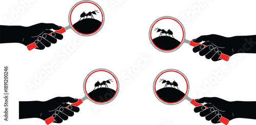 Silhouette hands holding magnifying glass examining ants, symbolizing research, curiosity, insect observation, scientific analysis, discovery concept, and exploration on white background