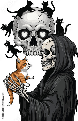 Dark Fantasy Skeleton Reaper Showing Affection to a Cute Cat Illustration