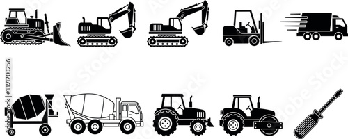 Construction machinery and industrial vehicle silhouettes set featuring bulldozer, excavator, forklift, tractor, concrete mixer and delivery truck isolated on white background