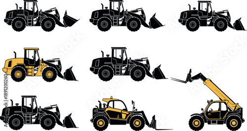 Construction loader and telehandler vehicle silhouettes set showing front loaders and lifting machinery isolated on white background for heavy equipment and engineering design