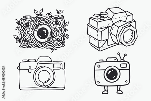Four unique black and white camera illustrations featuring mystical, geometric, continuous line, and doodle styles.