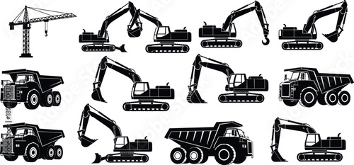 Construction machinery silhouettes set featuring excavators dump trucks crawler cranes and heavy equipment vehicles in black flat style isolated for industrial and stock illustration use