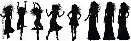 Silhouette sequence of young women dancing and posing in stylish dresses, expressing freedom, movement, fashion evolution, and feminine energy on white background