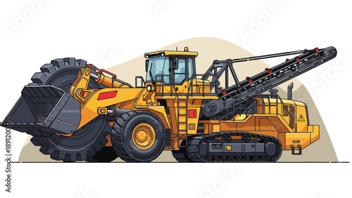 Yellow mining excavator with large bucket and conveyor belt
