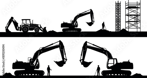 Construction site silhouette scene featuring excavators, backhoe loader, workers, towers, machinery operations, civil engineering workflow, and industrial building development concept illustration