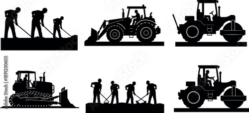 Construction workers and heavy machinery silhouettes featuring bulldozer, loader and road roller with manual labor scenes for infrastructure projects isolated on white background