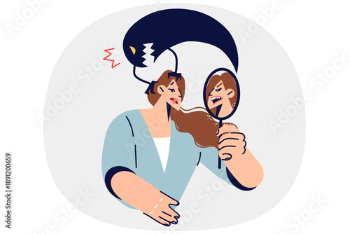 Woman with low self-esteem looks in mirror and sees evil reflection, standing with ghost above head