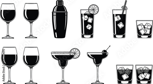 Alcoholic drink glassware icon set showing wine glasses, cocktails, shaker and ice drinks, black and outline vector illustrations isolated on white background for bar and beverage design