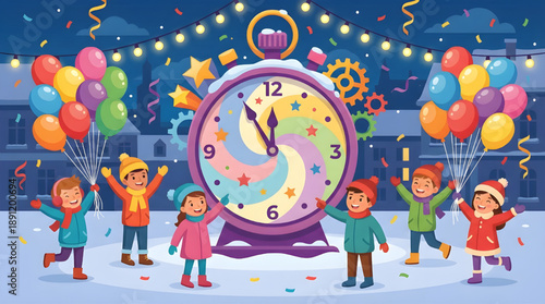 Children Counting Down to New Year around Decorative Clock Vector