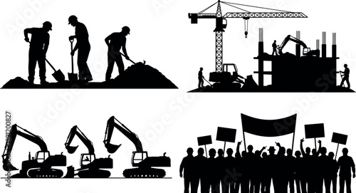 Construction workers, heavy machinery, building site and protest crowd silhouettes illustrating labor, infrastructure development and social movement concepts isolated on white background
