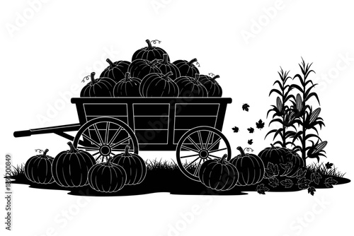 Harvest season abundance a wagon overflowing with pumpkins and corn stalks, evoking autumnal charm and festive spirit with falling leaves