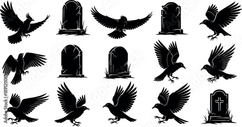 Crow and raven silhouettes with graveyard tombstones collection featuring flying birds, landing poses, gothic horror mood, cemetery symbols, dark fantasy wildlife illustration set