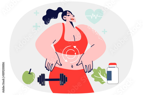 Metabolism process in body of woman doing fitness and eating fruits and vitamins for weight loss